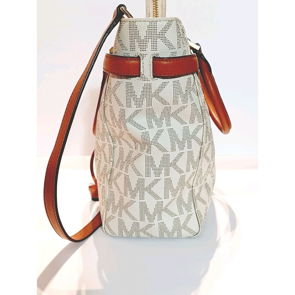 Michael Kors Cream MK Logo Canvas Crossbody with Brown Leather Trim - Picture 7 of 13